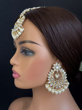 Gold Kundan Tikka w/Earring Set Indian Bridal Maang Tikka Teeka Tika Headpiece Handmade Pearl Jewelry For Women Bollywood Bridesmaid Gifts
