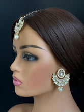 Gold Kundan Tikka w/Earring Set Indian Bridal Maang Tikka Headpiece Handmade Pearl Jewelry For Women Bollywood Bridesmaid Gifts