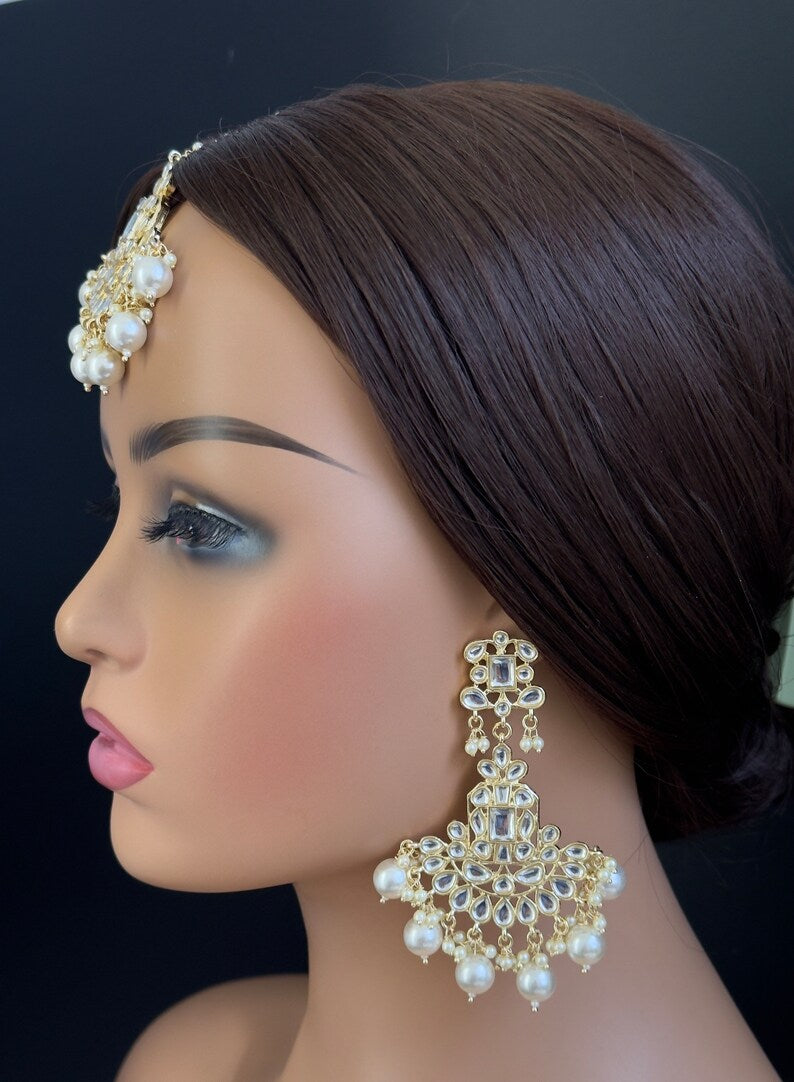White Pearl Gold Kundan Tikka w/Earring Set Indian Bridal Maang Tikka Headpiece Handmade Pearl Jewelry For Women Bollywood Bridesmaid Gifts