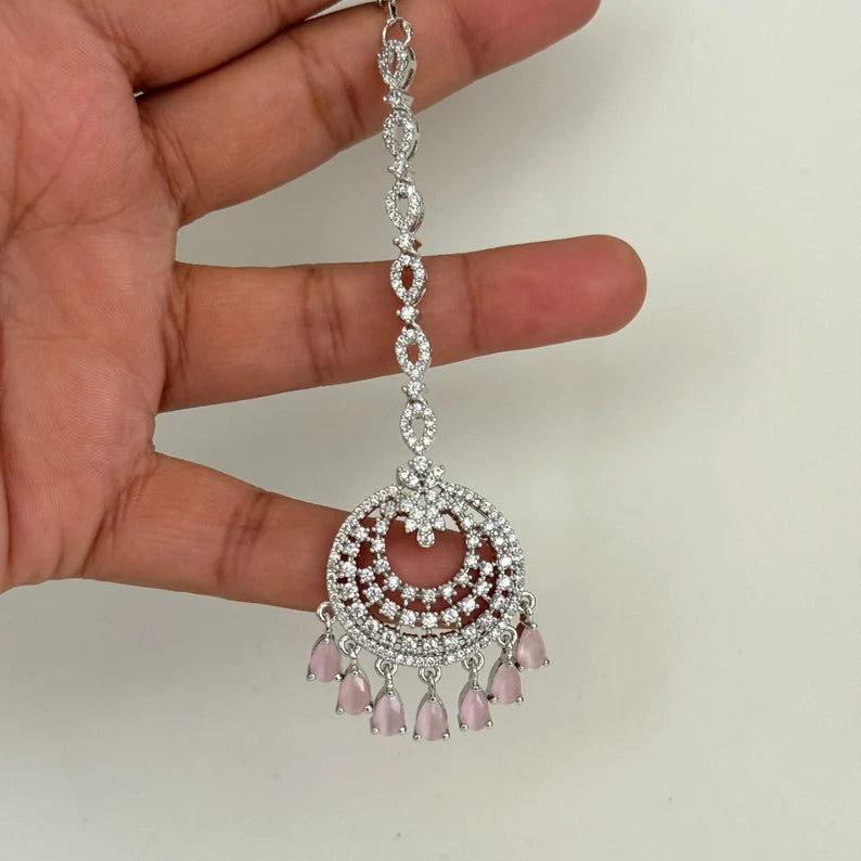 American Diamond Maang tikka/Indian Jewelry/ Indian Wedding Jewelry/ Pakistani Jewelry/ Jhoomer/ Matha patti/ Indian forehead jewelry