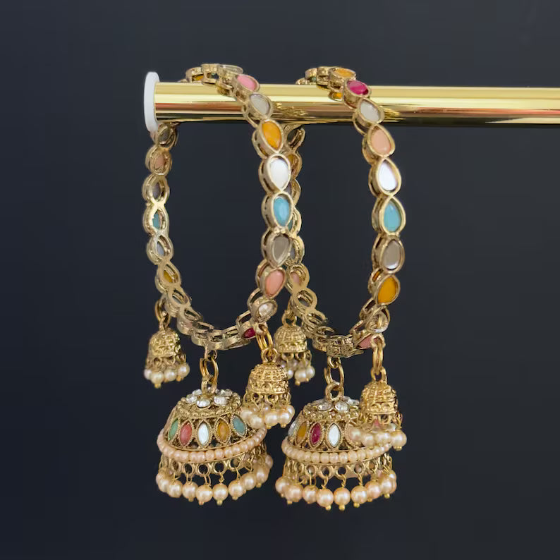 Multi Navratan Dull Gold Mirror Pearl Bangles Set/Punjabi Mirror chuda bangles set/Bridal bangles/Statement/Indian Wedding /Chuda Set