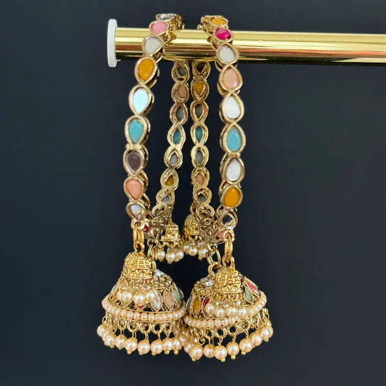 Multi Navratan Dull Gold Mirror Pearl Bangles Set/Punjabi Mirror chuda bangles set/Bridal bangles/Statement/Indian Wedding /Chuda Set