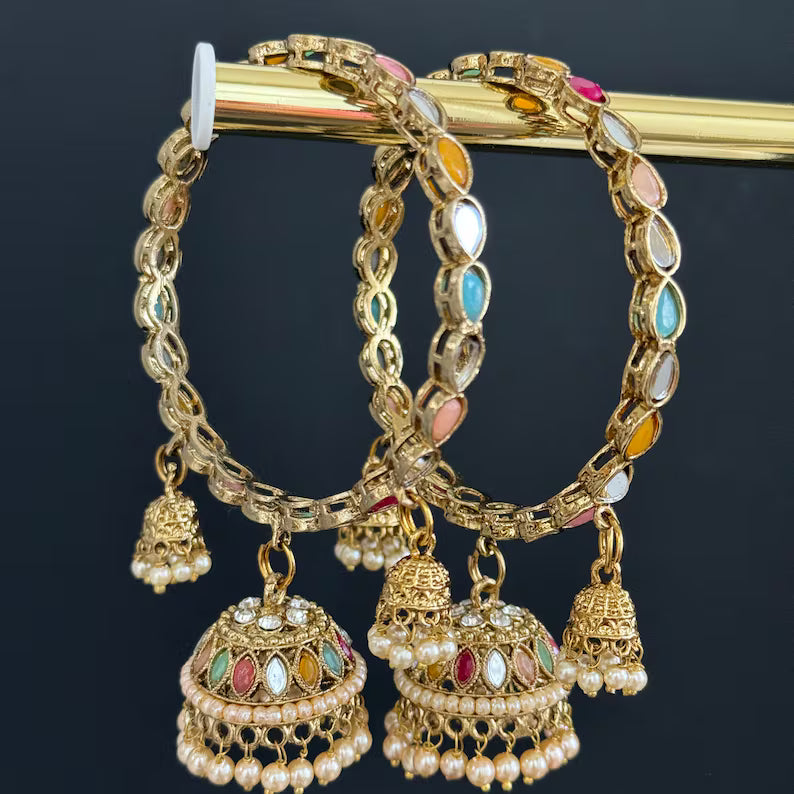 Multi Navratan Dull Gold Mirror Pearl Bangles Set/Punjabi Mirror chuda bangles set/Bridal bangles/Statement/Indian Wedding /Chuda Set