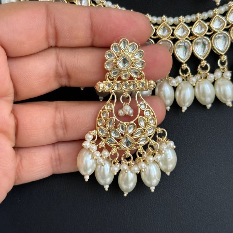 White Pearl Kundan Necklace Set/Kundan Choker/ Bollywood Jewelry/ Indian Pakistani necklace/ punjabi necklace/bridal necklace/indian wedding