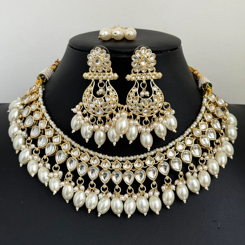 White Pearl Kundan Necklace Set/Kundan Choker/ Bollywood Jewelry/ Indian Pakistani necklace/ punjabi necklace/bridal necklace/indian wedding