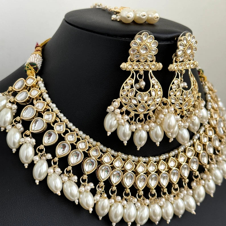 White Pearl Kundan Necklace Set/Kundan Choker/ Bollywood Jewelry/ Indian Pakistani necklace/ punjabi necklace/bridal necklace/indian wedding