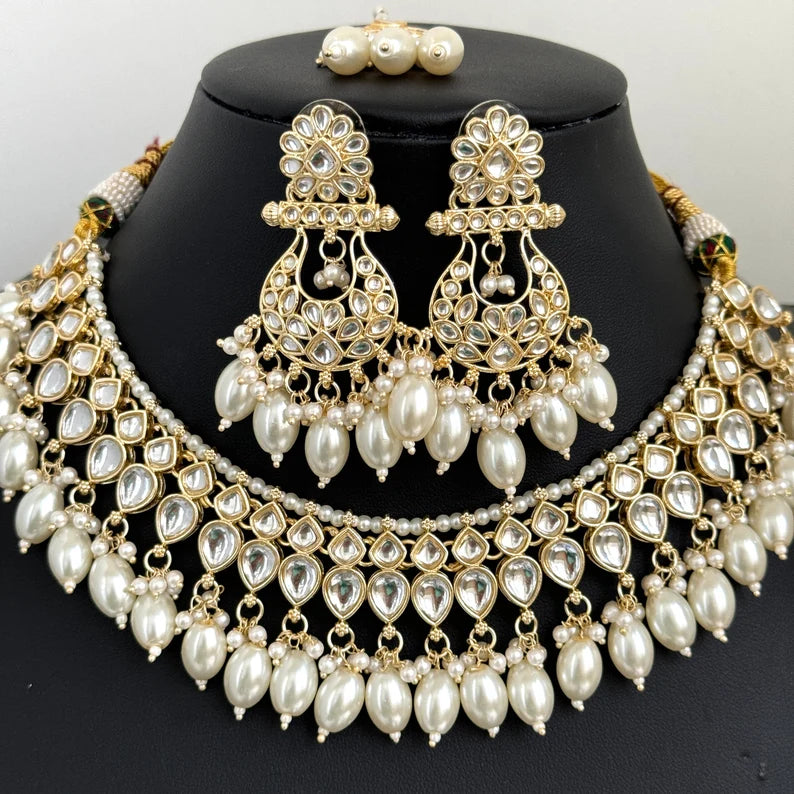 White Pearl Kundan Necklace Set/Kundan Choker/ Bollywood Jewelry/ Indian Pakistani necklace/ punjabi necklace/bridal necklace/indian wedding