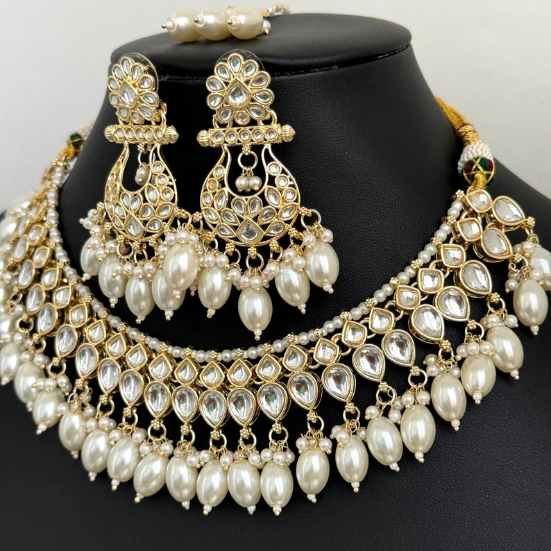 White Pearl Kundan Necklace Set/Kundan Choker/ Bollywood Jewelry/ Indian Pakistani necklace/ punjabi necklace/bridal necklace/indian wedding