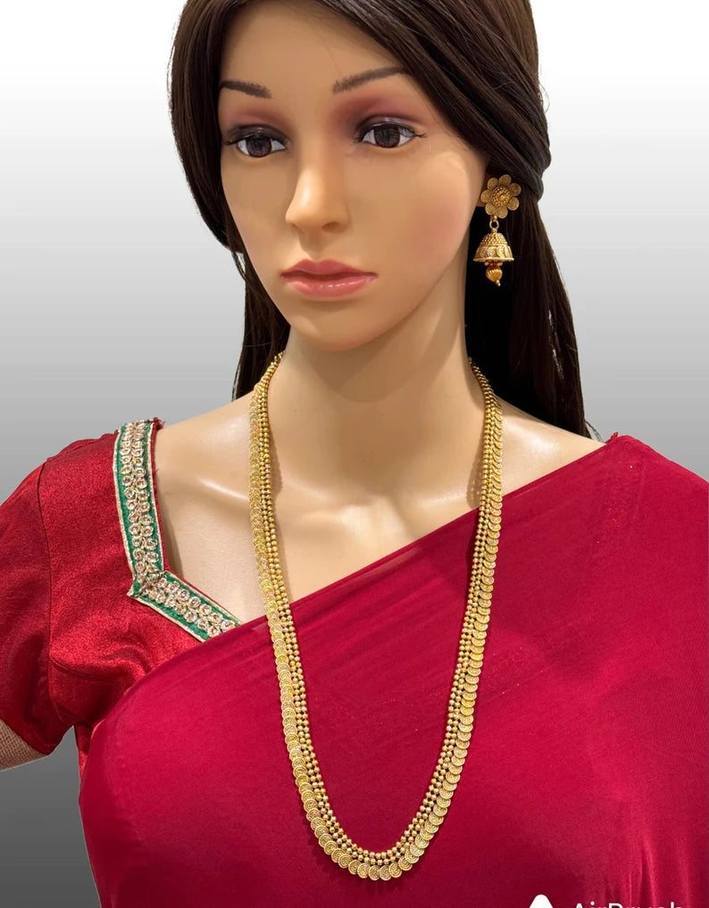 Antique Gold Long Necklace/Indian Necklace/South Indian Necklace/Long Necklace/ Indian Jewelry/Kasu mala/ long Haram