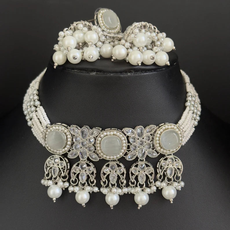White Silver Polki Kundan necklace/Statement necklace/Indian Jewelry/Pakistani Jewelry set/Weddings necklace/Bridal necklace/Indian necklace