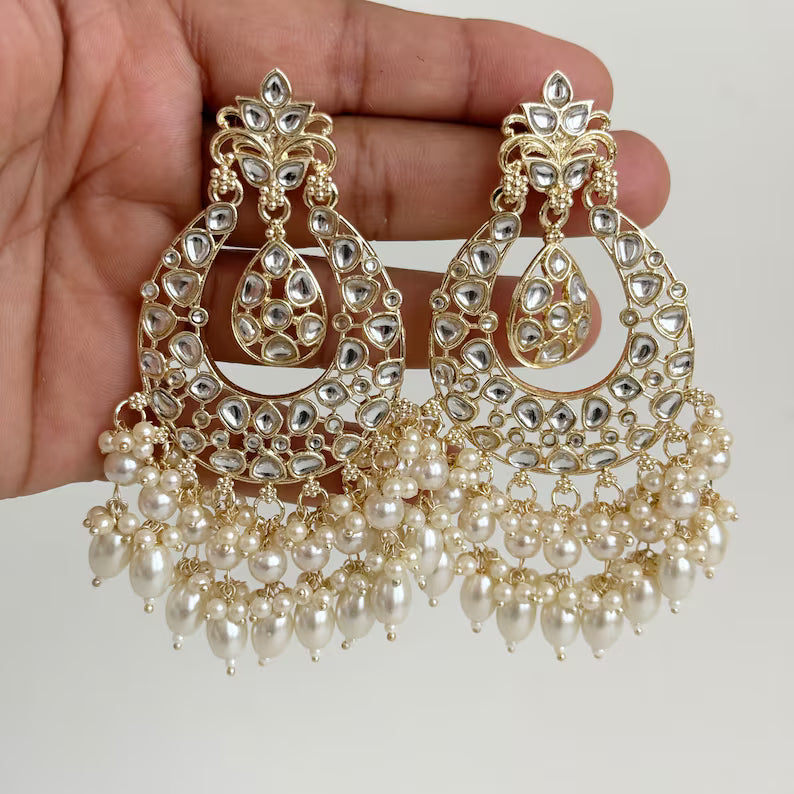 White gold Pearl Kundan chandbali Earrings, White chandbali earrings, Indian pakistani wedding jewelry, bridesmaid gift