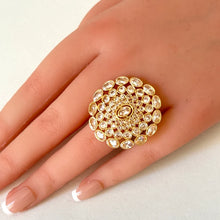 Large Gold Finish Polki Ring/Adjustable Ring/Indian Ring/ Pakistani Jewelry/ Indian Jewelry/Bollywood Jewelry/Indian Wedding jewelry