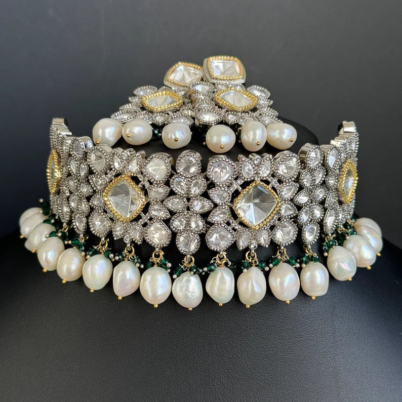 White Moissanite Polki Dual tone necklace, Polki Kundan Necklace, Sabyasachi Necklace, Semi Precious, Bollywood Pakistani, Bridal Necklace