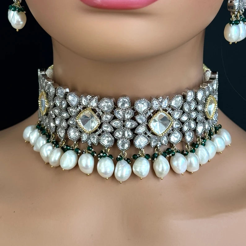 White Moissanite Polki Dual tone necklace, Polki Kundan Necklace, Sabyasachi Necklace, Semi Precious, Bollywood Pakistani, Bridal Necklace