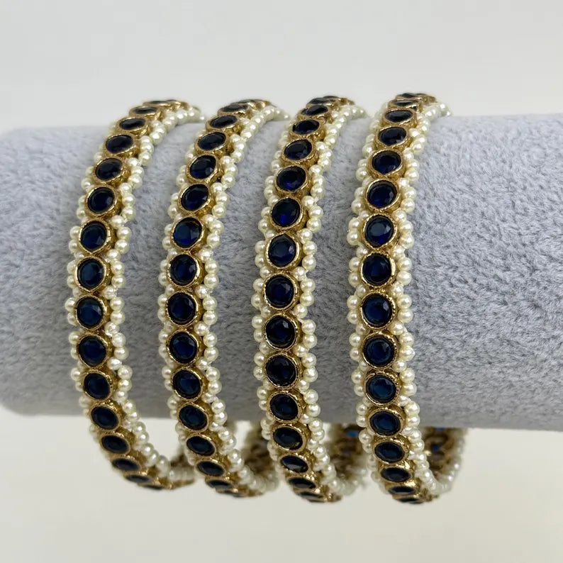Blue set of 4 Polki Stone antique finish Bangles Set mix Sizes Punjabi Pearl bangles Set/Bridal bangles/Antique bangles/Polki Pearl bangles