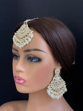 Pearl kundan Tikka Earring Set- Indian Bridal Maang Tikka, Teeka, Tika Pearl Jewelry For Women - Bollywood Bridesmaid Gift