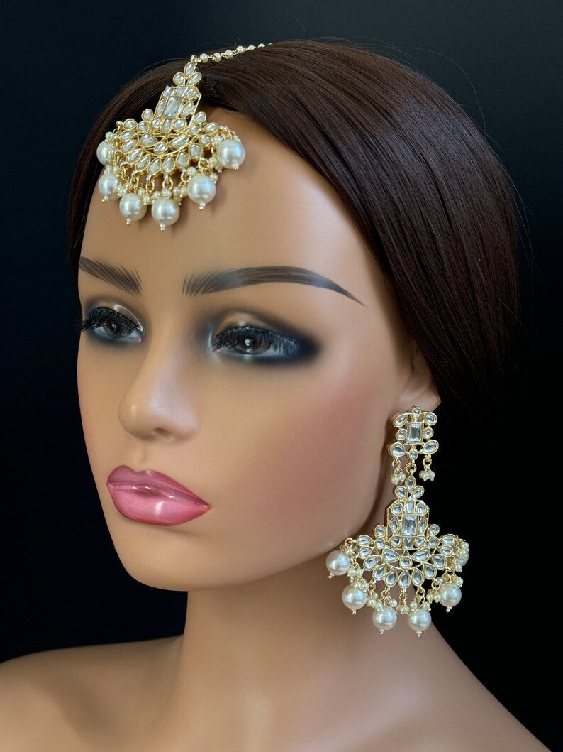 White Pearl Gold Kundan Tikka w/Earring Set Indian Bridal Maang Tikka Headpiece Handmade Pearl Jewelry For Women Bollywood Bridesmaid Gifts
