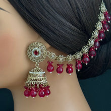 Maroon Polki Pearl bahubali jhumka, Kundan jhumnka, bahubali earrings, Pearl jewelry for wedding, indian pakistani jewelry