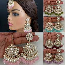 Kundan Tikka w/ Earring Set- Indian Bridal Maang Tikka, Teeka, Tika Headpiece - Handmade Pearl Jewelry For Women - Bollywood Bridesmaid Gift