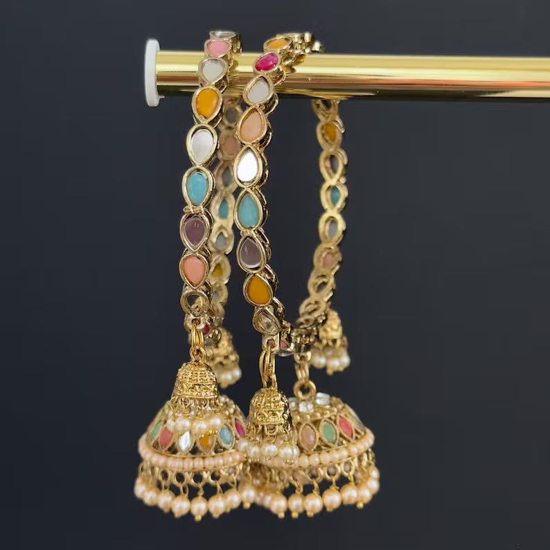 Multi Navratan Dull Gold Mirror Pearl Bangles Set/Punjabi Mirror chuda bangles set/Bridal bangles/Statement/Indian Wedding /Chuda Set