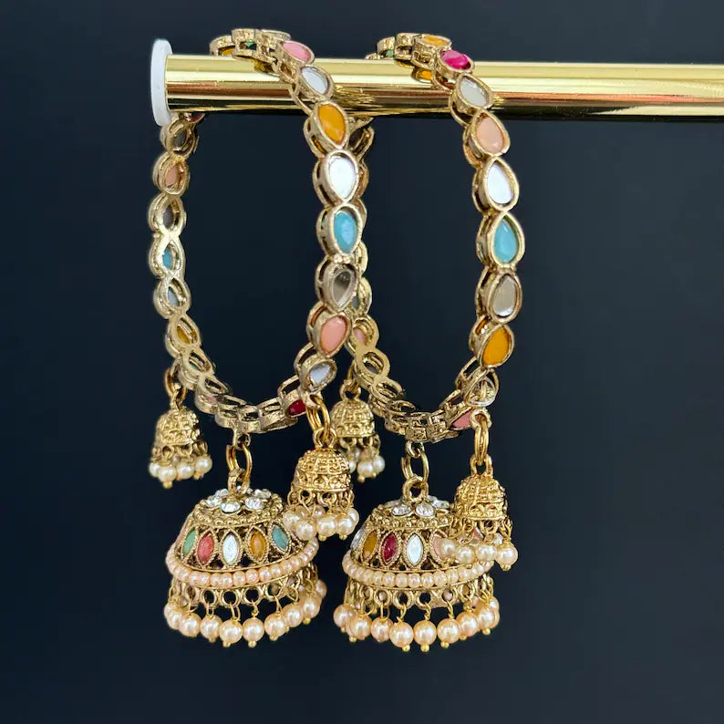 Multi Navratan Dull Gold Mirror Pearl Bangles Set/Punjabi Mirror chuda bangles set/Bridal bangles/Statement/Indian Wedding /Chuda Set