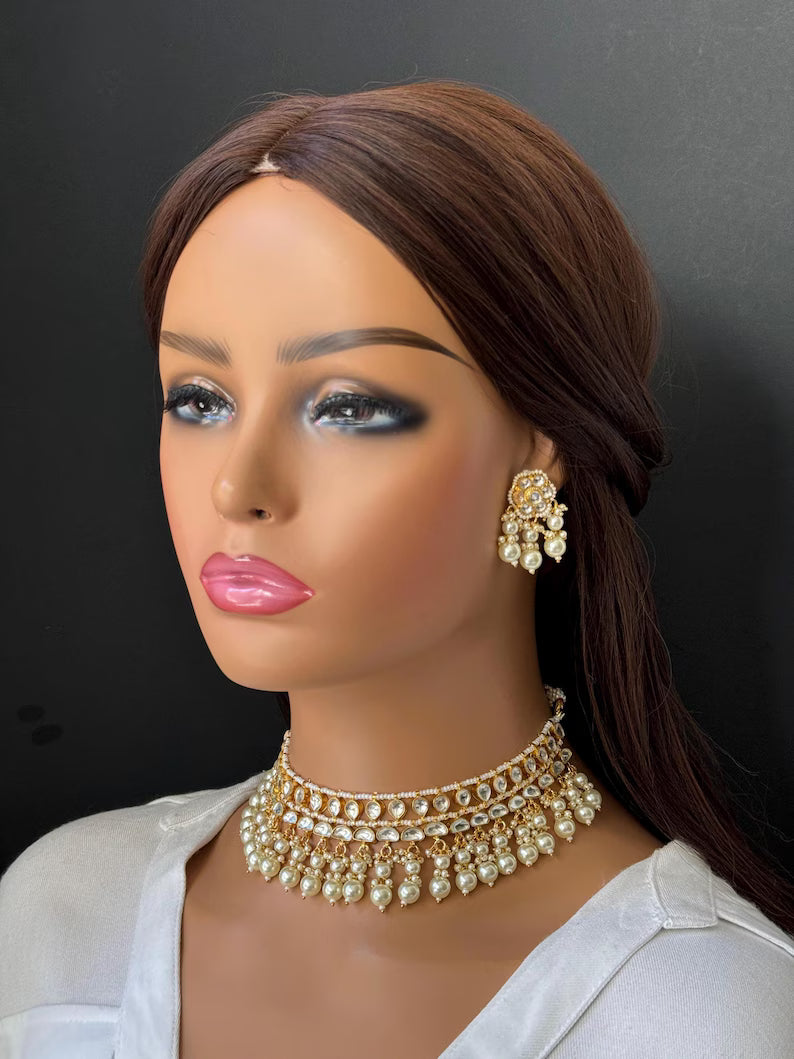White Pacchi Kundan Pearl Necklace, Indian Punjabi Pakistani wedding necklace Jewelry, Bridal Jewelry