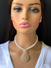 CZ American Diamond Pearl Mala Necklace With 2 Tone, Rhodium Plating, Indian Pakistani jewelry for wedding , Mala necklace
