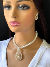 CZ American Diamond Pearl Mala Necklace With 2 Tone, Rhodium Plating, Indian Pakistani jewelry for wedding , Mala necklace