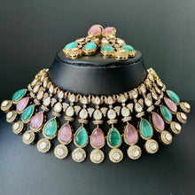 MintPink Bridal Mossinate Polki Victorian Necklace, Sabyasachi Necklace, Wedding necklace,Semi Precious Jewelry,Bollywood Celebrity Necklace