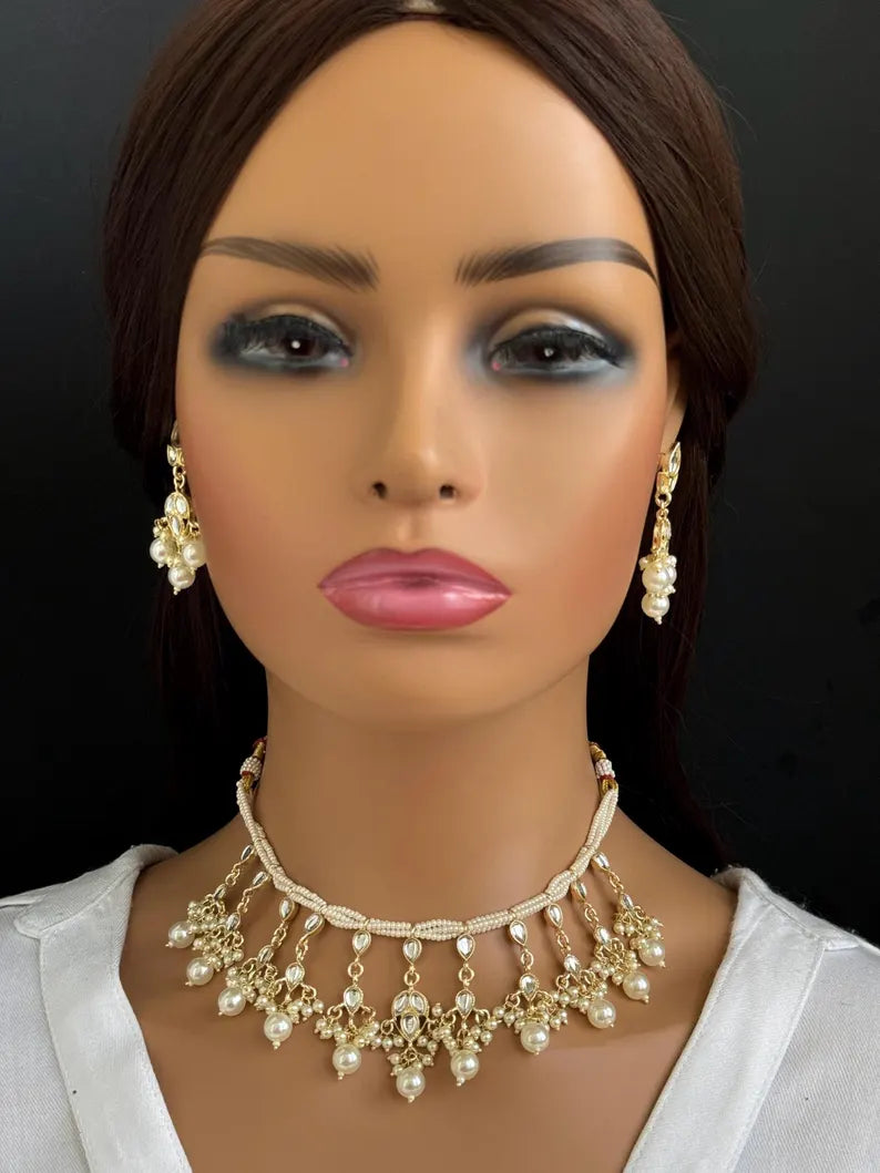 White Pearl Kundan Necklace Set/Kundan Choker/ Bollywood Jewelry/ Indian jewelry/ Pakistani necklace/ punjabi necklace/bridal/indian wedding