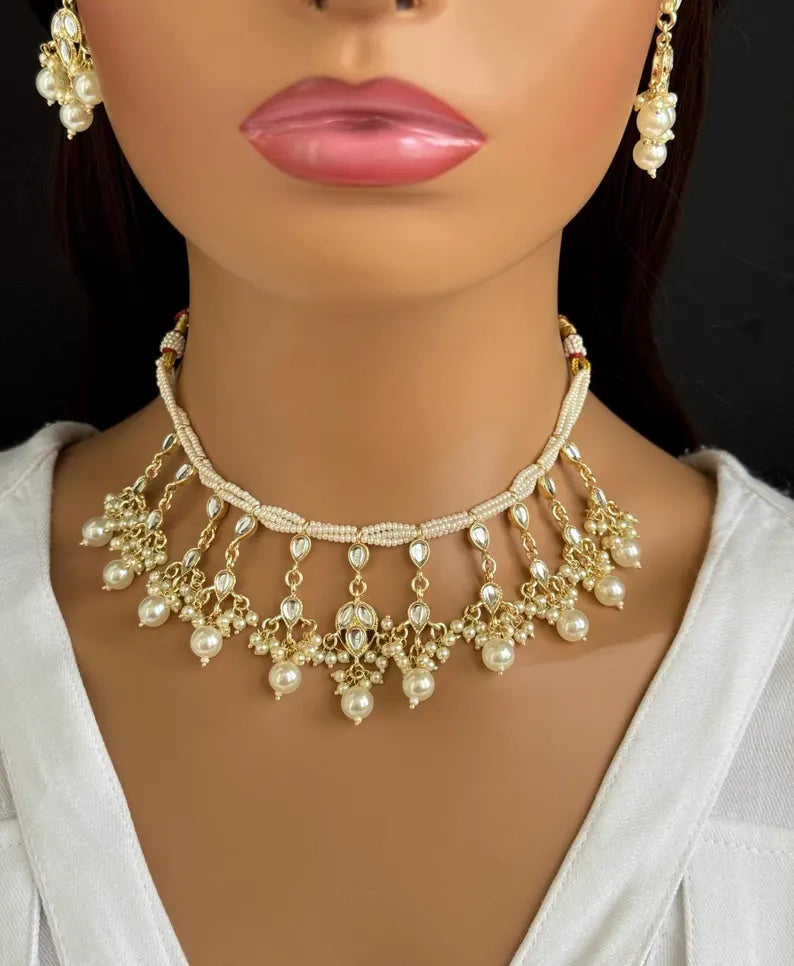 White Pearl Kundan Necklace Set/Kundan Choker/ Bollywood Jewelry/ Indian jewelry/ Pakistani necklace/ punjabi necklace/bridal/indian wedding