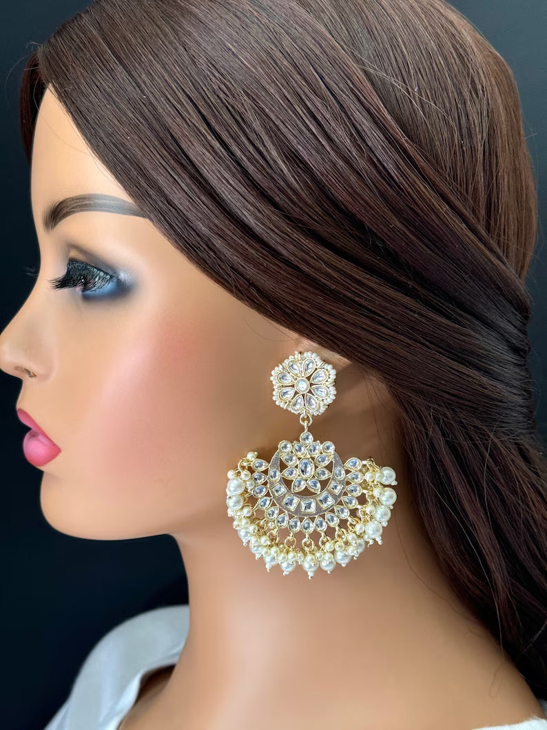 White gold Pearl Kundan chandbali Earrings, White chandbali earrings, Indian pakistani wedding jewelry, bridesmaid gift