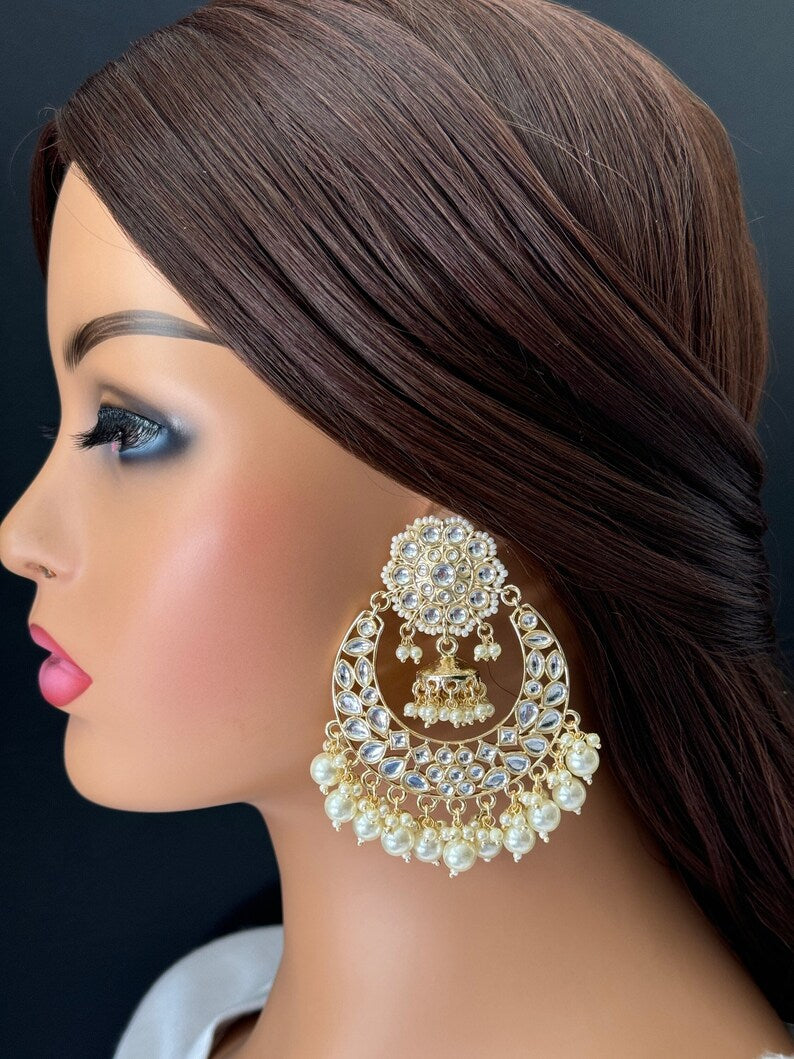 White gold Pearl Kundan chandbali Earrings, White chandbali earrings, Indian pakistani wedding jewelry, bridesmaid gift