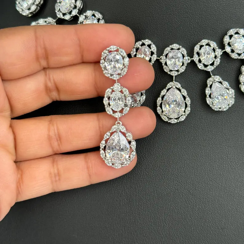 White silver American Diamond necklace/Delicate CZ Stones Necklace/Elegant/Unique Jewelry/Indian/Pakistani/Bollywood/Indian Wedding/Bridal