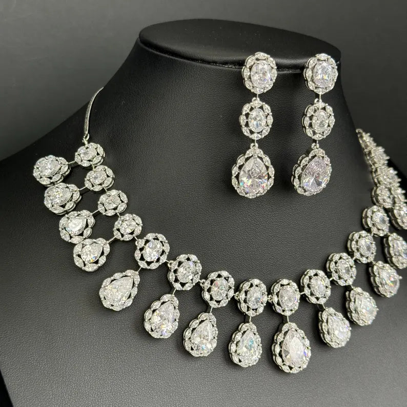 White silver American Diamond necklace/Delicate CZ Stones Necklace/Elegant/Unique Jewelry/Indian/Pakistani/Bollywood/Indian Wedding/Bridal