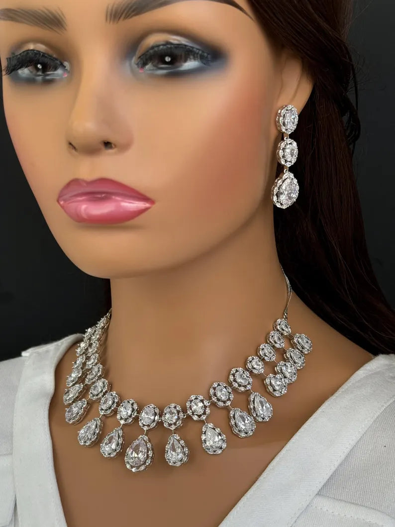 White silver American Diamond necklace/Delicate CZ Stones Necklace/Elegant/Unique Jewelry/Indian/Pakistani/Bollywood/Indian Wedding/Bridal