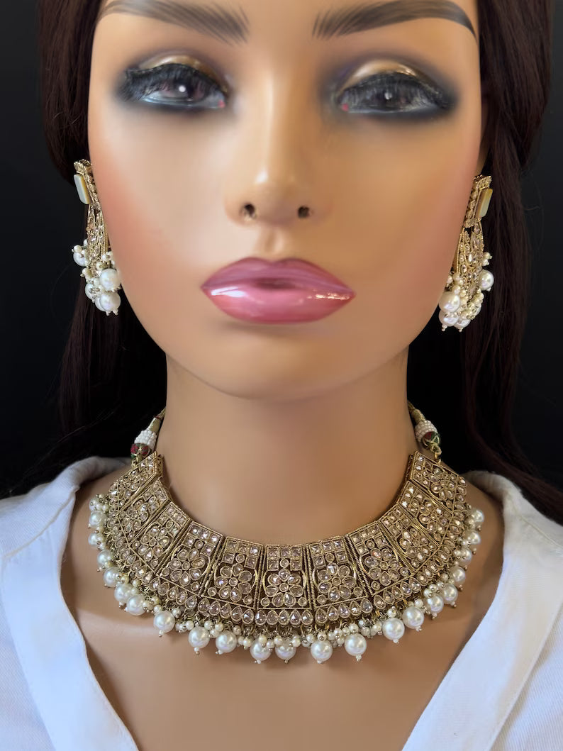 White Antique Polki Kundan Pearl Necklace, bridal, Indian Wedding Jewelry