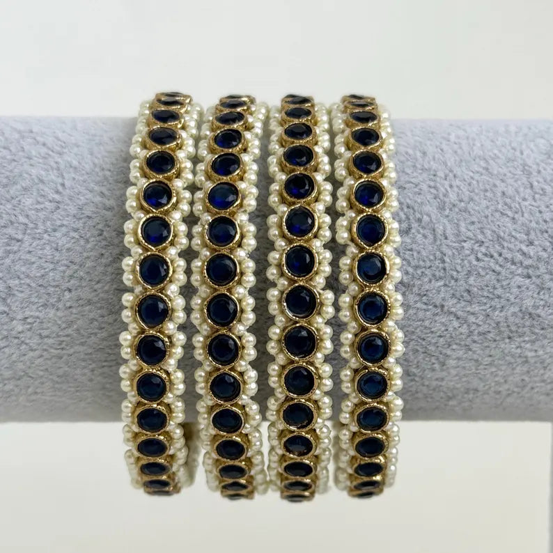 Blue set of 4 Polki Stone antique finish Bangles Set mix Sizes Punjabi Pearl bangles Set/Bridal bangles/Antique bangles/Polki Pearl bangles