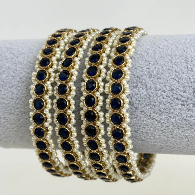 Blue set of 4 Polki Stone antique finish Bangles Set mix Sizes Punjabi Pearl bangles Set/Bridal bangles/Antique bangles/Polki Pearl bangles