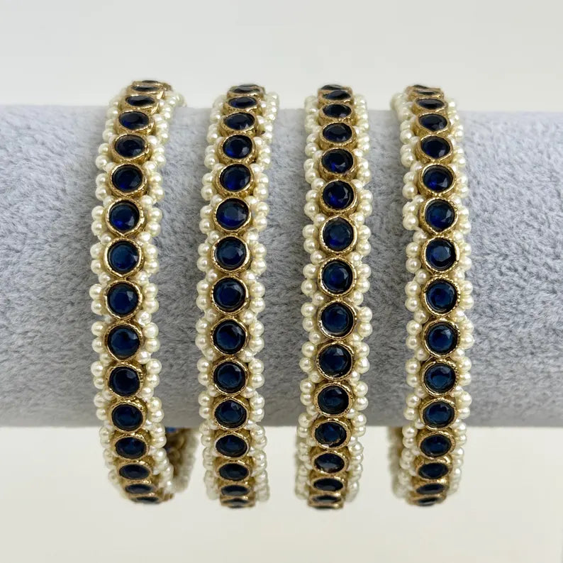 Blue set of 4 Polki Stone antique finish Bangles Set mix Sizes Punjabi Pearl bangles Set/Bridal bangles/Antique bangles/Polki Pearl bangles