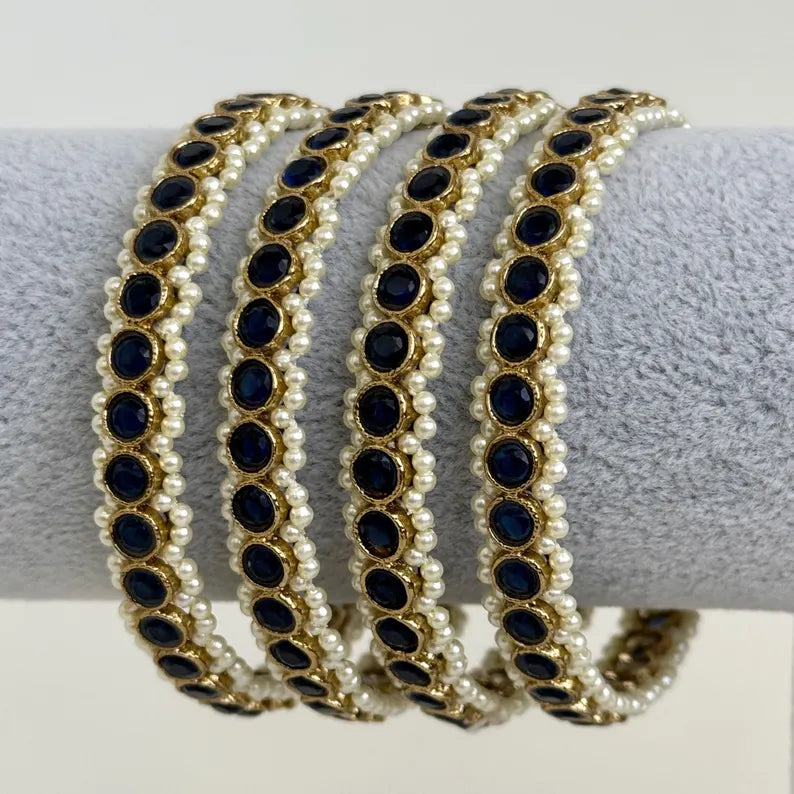 Blue set of 4 Polki Stone antique finish Bangles Set mix Sizes Punjabi Pearl bangles Set/Bridal bangles/Antique bangles/Polki Pearl bangles
