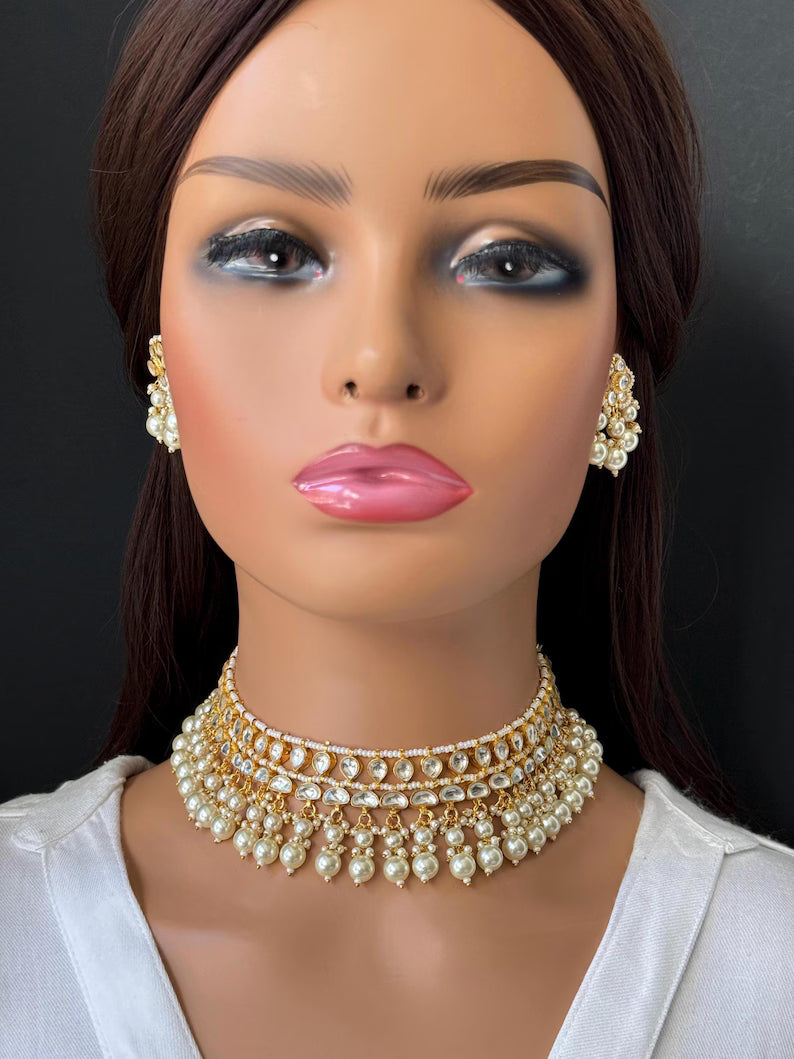 White Pacchi Kundan Pearl Necklace, Indian Punjabi Pakistani wedding necklace Jewelry, Bridal Jewelry
