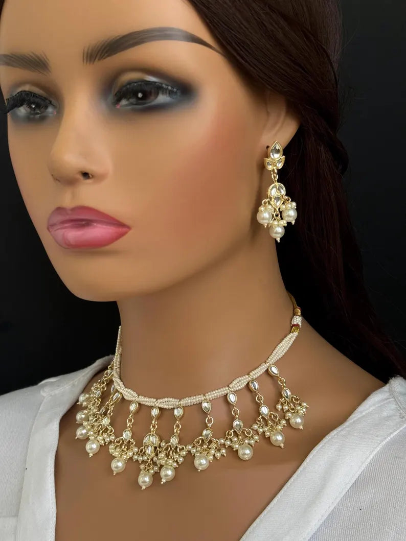 White Pearl Kundan Necklace Set/Kundan Choker/ Bollywood Jewelry/ Indian jewelry/ Pakistani necklace/ punjabi necklace/bridal/indian wedding