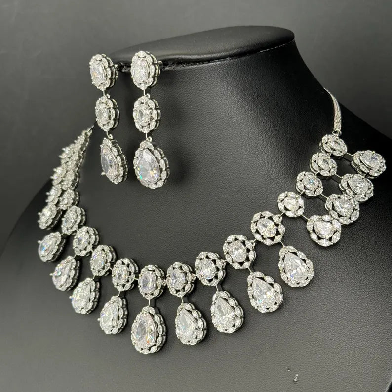White silver American Diamond necklace/Delicate CZ Stones Necklace/Elegant/Unique Jewelry/Indian/Pakistani/Bollywood/Indian Wedding/Bridal