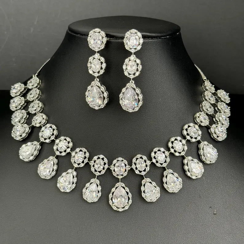 White silver American Diamond necklace/Delicate CZ Stones Necklace/Elegant/Unique Jewelry/Indian/Pakistani/Bollywood/Indian Wedding/Bridal