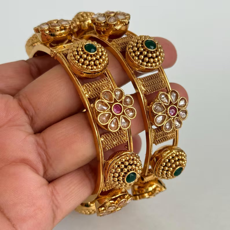 Set of 2 Ruby Green Gold RajwadiBangles(2 PC)/Pacheli Bangles/Indian Bangles/Polki stone bangles/Indian wedding/bridal chuda bangles