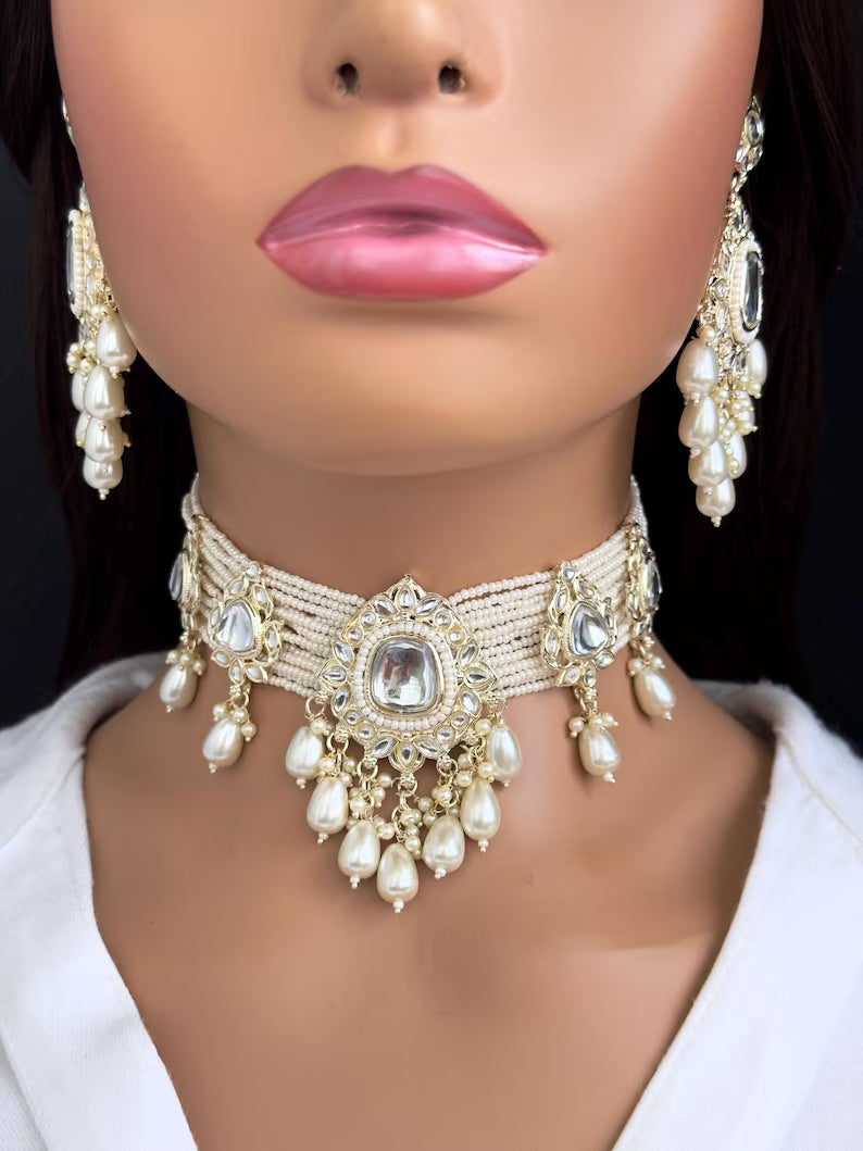 White Pearl Kundan Necklace/Kundan Choker/Bollywood Jewelry/Indian jewelry/Pakistani necklace/ punjabi necklace/bridal/indian wedding