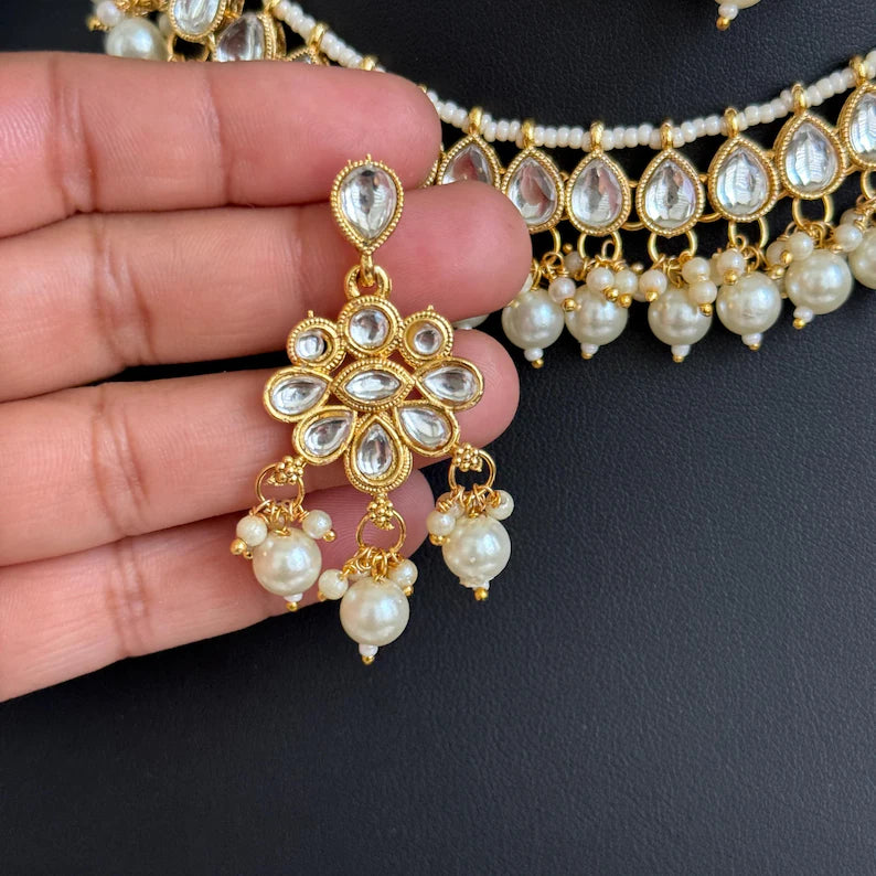 White Pearl Kundan Necklace Set/Kundan Choker/ Bollywood Jewelry/ Indian jewelry/ Pakistani necklace/ punjabi necklace/bridal/indian wedding