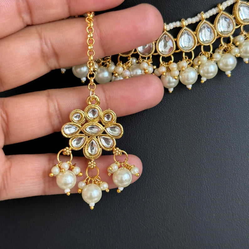 White Pearl Kundan Necklace Set/Kundan Choker/ Bollywood Jewelry/ Indian jewelry/ Pakistani necklace/ punjabi necklace/bridal/indian wedding
