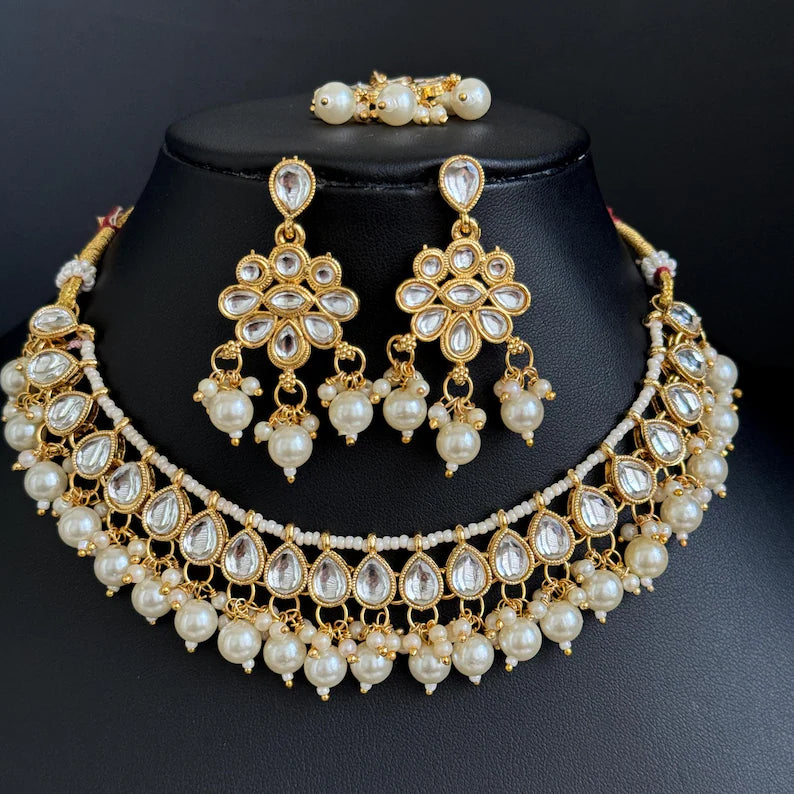 White Pearl Kundan Necklace Set/Kundan Choker/ Bollywood Jewelry/ Indian jewelry/ Pakistani necklace/ punjabi necklace/bridal/indian wedding